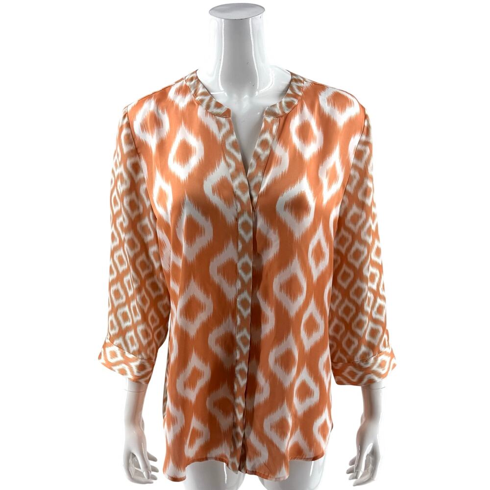 Chicos Womens Top Size 2 / US Large Peach Orange White Ikat Button Up Blouse